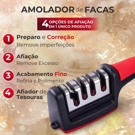 Afiador de Facas Profissional 4 em 1 | Amolador Manual para Facas,