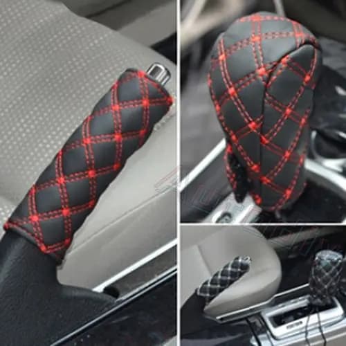 Capa De Couro Sintético Para Câmbio De Carro / Capa De Freio De Mão 2 Em 1 | Car Faux Leather Gear Shift Knob Cover Hand Brake Cover Sleeve 2 in 1 Set