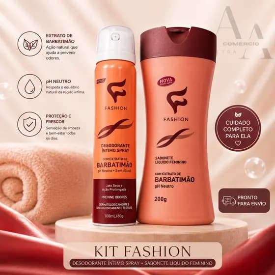 Kit Higiene Íntima Feminina Fashion Barbatimão | Sabonete Líquido 200g + Desodorante Íntimo Spray 100ml pH Neutro