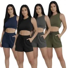 KIT 4 SHORT MOLETOM FEMININA COM COS ALTO BOLSO BERMUDA BASICA ACADEMIA FITNESS COM CORDÃO  P AO GG