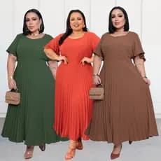 Vestido Longo Plus Size Feminino Plissado Liso com Lástex nas Costas Evangélico Casual Elegante DUNA