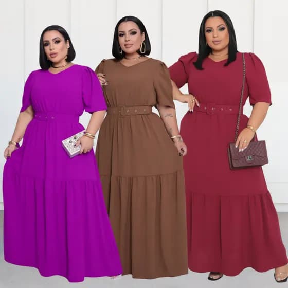 Vestido Evangélica Longo Plus Size Com Cinto e Manga Princesa Elegante