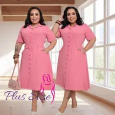 Vestido Midi Chemise Duna Feminino Plus Size Manga Curta com Cinto Incluso Evangélico Elegante