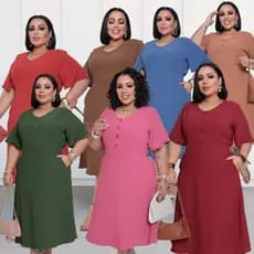 Vestido Feminino Midi Plus Size Com BOTÃO no Busto e com Lastex nas Costas e Bolsos Funcionais