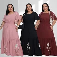 Vestido Longo Plus Size VISCOSARJA Manga Curta Elástico no cós Saia Franzida Evangélica Casual Modesta