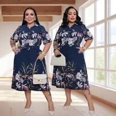 Vestido Midi Chemise Feminino Duna Estampado Florido Manga Curta com Cinto Incluso Elegante