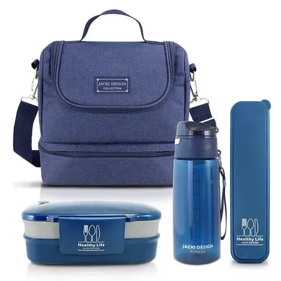 Kit Fitness Bolsa Térmica c/ 2 compartimentos e Pote de Marmita 2 Andares com Garrafa e Porta talher