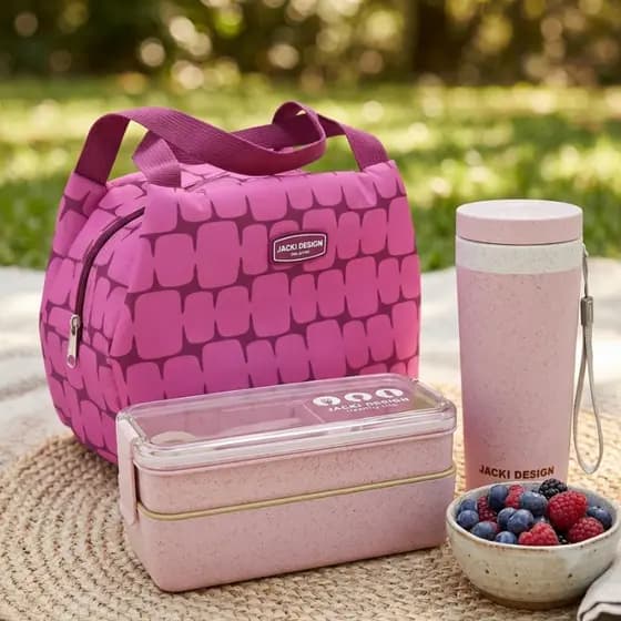 Kit Fitness |Bolsa termica + Garrafa + Marmita Lunch Box + Talher BPA Free 30% trigo | Jacki Design
