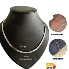 Corrente aço masculina inox prata cordão tipo cobra achatada inoxidável 4mm original 60 cm colar feminino masculino