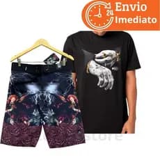Conjunto bermuda elastano estampada + camisa malha 30.1 estampada 100% algodão kit short tectel surf  camiseta de cria