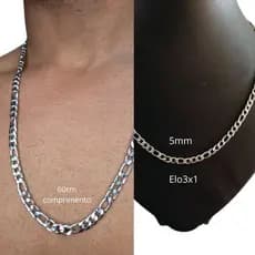 Corrente masculina aço inox  inoxidável cordão 60 cm polido prateado banhado 5mm elo 3x1 fígaro colar aço cirúrgico 316L feminino banhado não enferruja não desbota original 316L grumet
