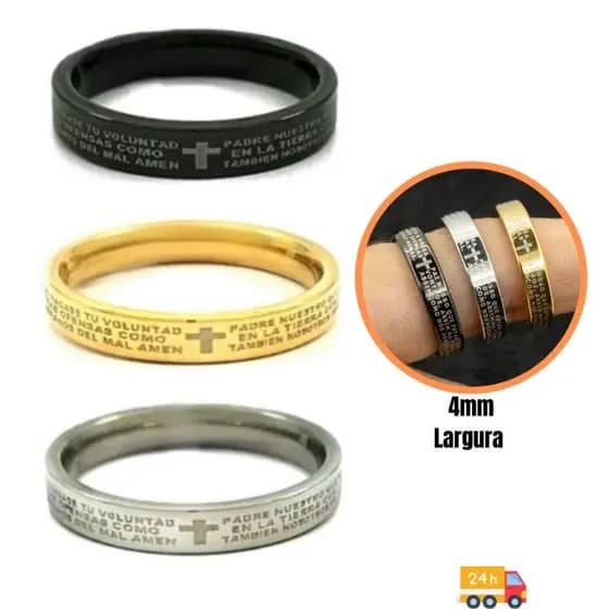 Anel aço inoxidável Pai Nosso aliança inox 4 mm largura feminino masculino prata dourado preto oração religioso fino