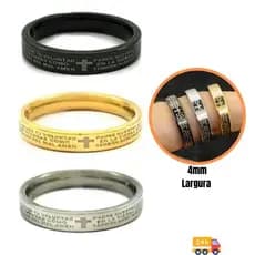 Anel aço inoxidável Pai Nosso aliança inox 4 mm largura feminino masculino prata dourado preto oração religioso fino