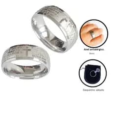 Anel inox aço inoxidável oração Pai Nosso religioso aliança grossa 8mm aço 316L resitência a corrosão antialérgico  aneu feminino masculino banhada prata dourada