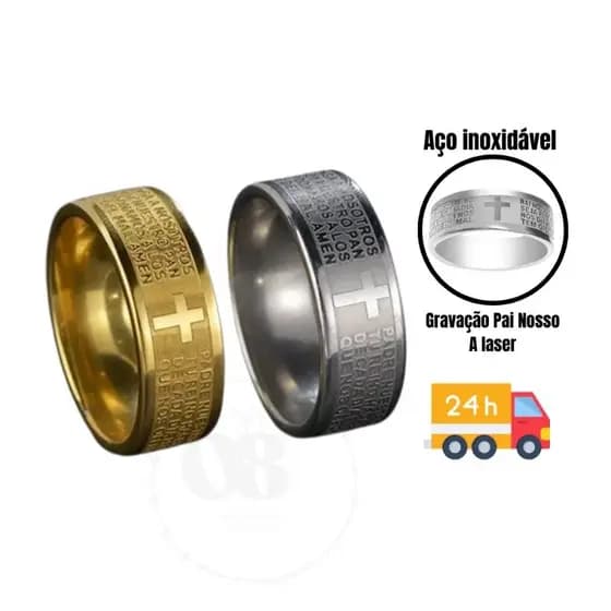 Anel aço inoxidável Pai Nosso aliança inox 8 mm largura grossa feminino masculino aneu aço 316L  prata dourado oração religioso cruz anel grosso