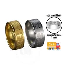Anel aço inoxidável Pai Nosso aliança inox 8 mm largura grossa feminino masculino aneu aço 316L  prata dourado oração religioso cruz anel grosso