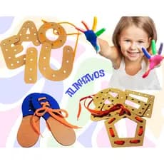 Brinquedos Educativos Alinhavos de Vogais, Formas Geométrica Sapato em Mdf 3mm madeira mdf tabuleiro pedagógico didático