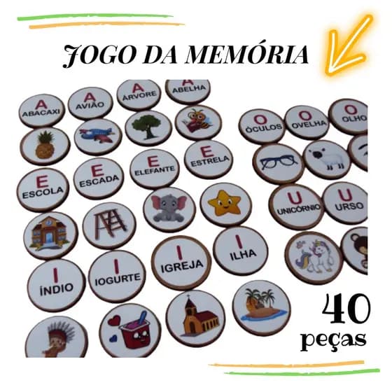 Rêf. 079 - Brinquedos Educativos Jogo da Memória Pedagógico 40 peças - adesivado em Mdf 3mm, brinquedo de madeira colorido, jogo infantil, brinquedo educativo.