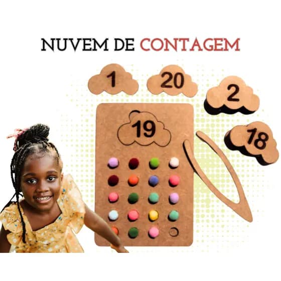 Rêf 085 - Jogo Pedagógico Nuvem de Contagem 1 à 20 - Placa de Matemática Brinquedo Educativo Sensorial Didático