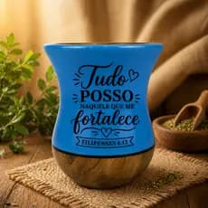 Cuia chimarrão azul claro de madeira Personalizada com nome ou frase