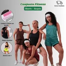 Conjunto Fitness Esportivo Feminino Academia Treino Ioga Short Duplo Dryfit Blusa Top Regata Nadador