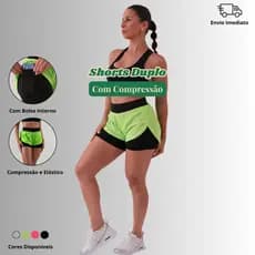 SHORT FEMININO FITNESS 2 EM 1 Compressão Bolso Interno Cós Elástico Ajustável para Treino Corrida