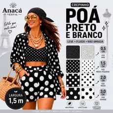 CREPINHO - POÁ 11- BOLINHA BRANCO E PRETO , CREPE SANTORINI PARA ROUPA FEMININA E INFANTIL E PARA DECORAÇÃO EM GERAL