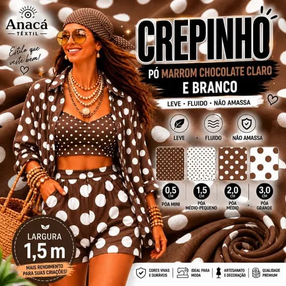 CREPINHO -POÁ 20 - BOLINHA MARROM E BRANCO EM 4 TAMANHO 0,5, 1,5, 2 E 3CM PARA ROUPA FEMININA E INFANTIL CHOCOLATEDECORA