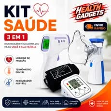 Kit 3 em 1:  Nebulizador Silencioso + Aparelho de Pressão C/ Voz + Termômetro Infra