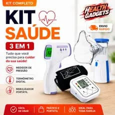 Kit Nebulizador Portátil USB + Aparelho de Pressão com Voz + Termômetro Digital USB Recarregável - Completo