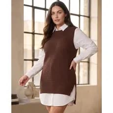 Colete Feminino Tricot Tricô Liso Gola Redonda Fenda Lateral Moda Outono Inverno Elegante