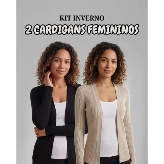 Kit com 2 Cardigans Femininos Tricot Canelado Básico Casaco Manga Longa Inverno Casual