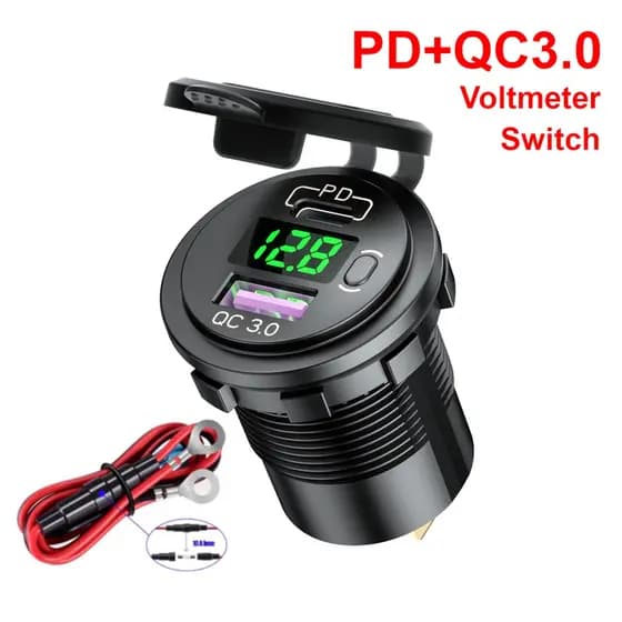 12 V 24 V Carro Pd Tipo C Qc3.0 Usb Tomada Carregador Rápido Com On Off Interruptor Led Voltímetro Tomada De Energia De Carga Rápida À Prova D 'Água Para A Motocicleta Rv Ônibus Barco
