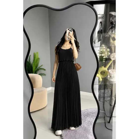 Vestido Longo Plissado Feminino Chic Elegante com Bojo e Alça Regulavel Casual Moda Para Festa Casamento Verde Azul Rosa