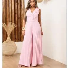 Macacão Longo Feminino Plissado Elegante Com Colete Decote Em V Zíper Nas Costas Moda Feminina Casual Chic