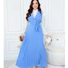 Vestido Plissado Longo Femenino Elegante Com Colete Cinto Decote Em V Moda Evangélica Casual Chic