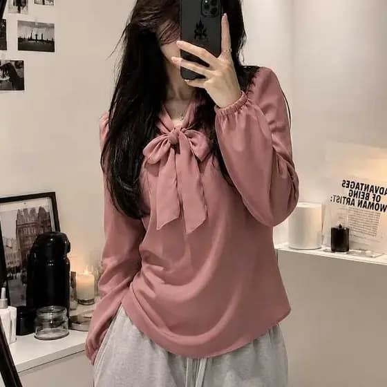 Blusa Feminina Gola Laço Manga Longa Crepe Seda Elegante Social Casual Trabalho Escritório Confortável