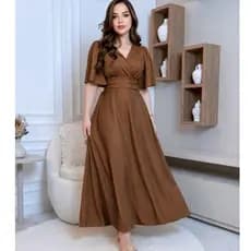 Vestido Longo Feminino Elegante Manga Curta Decote Transpassado Moda Evangélica Casual Chic