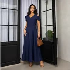 Vestido Longo Feminino Elegante Alfaiataria Manga Drapeada Ombro Caído Moda Evangélica Social Festa Casamento M G