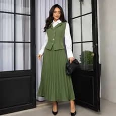 Conjunto Feminino Plissado Longo com Colete Alfaiataria