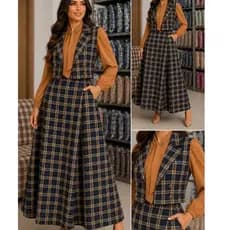Conjunto Feminino Xadrez Colete e Saia Midi Alfaiataria Elegante Casual Trabalho Igreja Festa