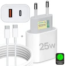 Carregador Tipo C 25W Super Turbo Fonte 2 Entradas USB e USB-C + Cabo Usb-C Rápido Samsung, Motorola, Xiaomi,Iphone