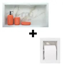Nicho Banheiro Carrara Gold Porcelanato + Porta Papel Higiênico Com Borda Em Aluminio Branca