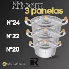 Jogo de Panelas Grossas 3 peças 20/22/24 em alumínio batido Fundido Polido