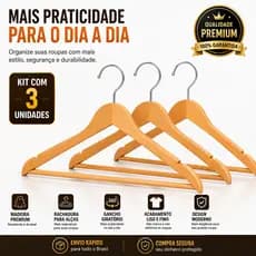 Kit 3 Cabides De Madeira Premium Para Roupas Guarda-Roupa Closet Organizador Resistente