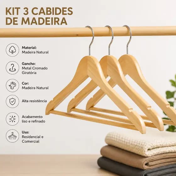 Kit 3 Cabides De Madeira Premium Para Roupas Guarda-Roupa Closet Organizador Resistente