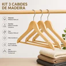 Kit 3 Cabides De Madeira Premium Para Roupas Guarda-Roupa Closet Organizador Resistente