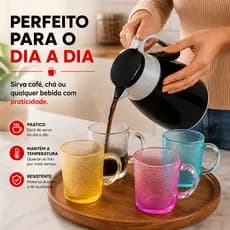 Kit Garrafa Térmica 1L Com 4 Canecas Vidro de 190ml - 3 Cores Bela Durabilidade