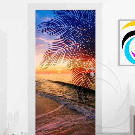 Adesivo De Porta De Madeira ou Vidro Decoração Revestimento Paisagem - Praia e Coqueiro 04177