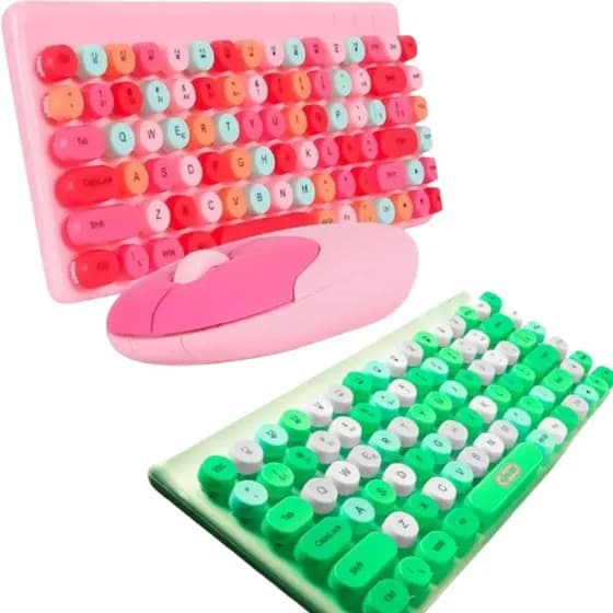 Kit Teclado E Mouse Retro Colorido Sem Fio Para Pc Computador Celular - Kit Teclado e Mouse tecla redonda